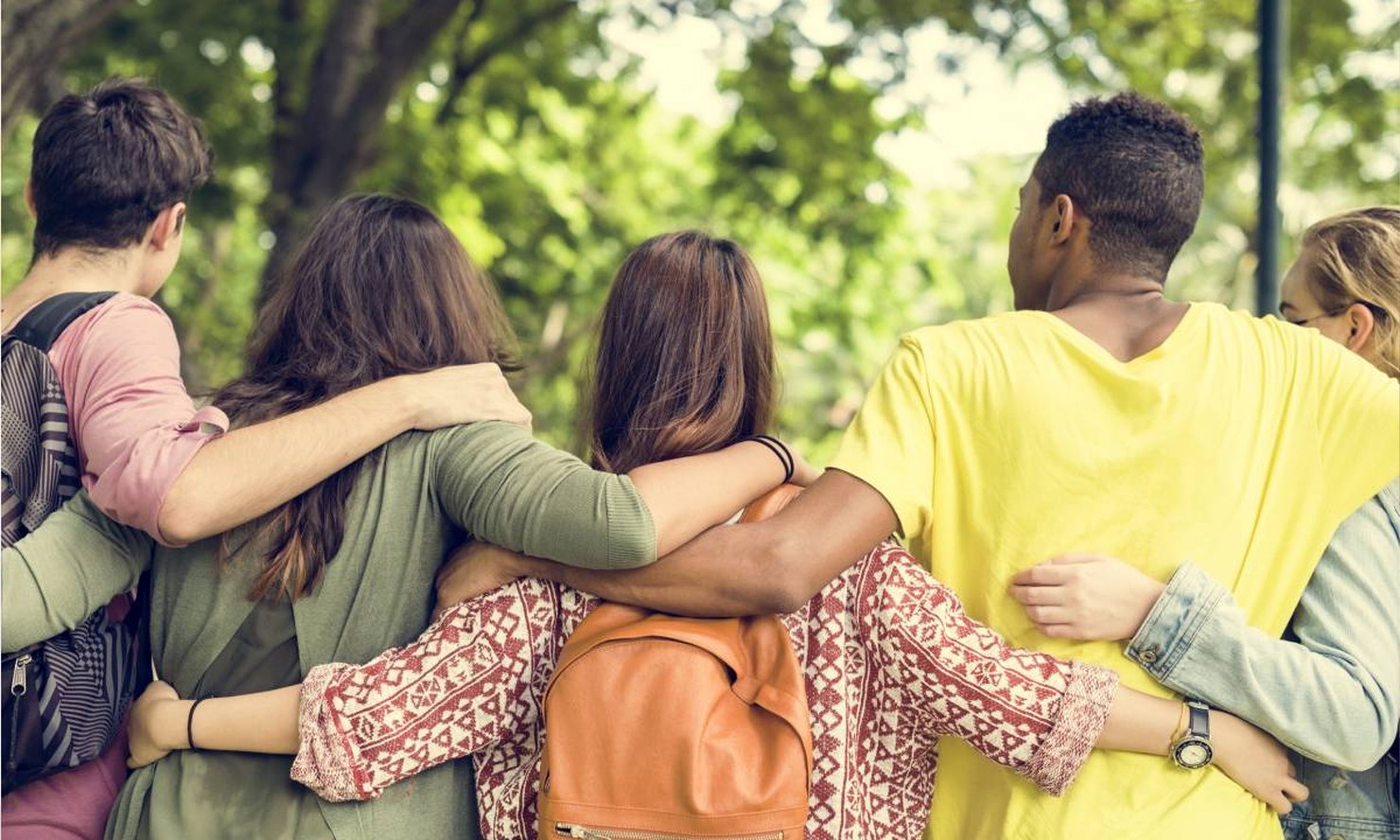 A group of people with their arms around each other and their backs to the camera